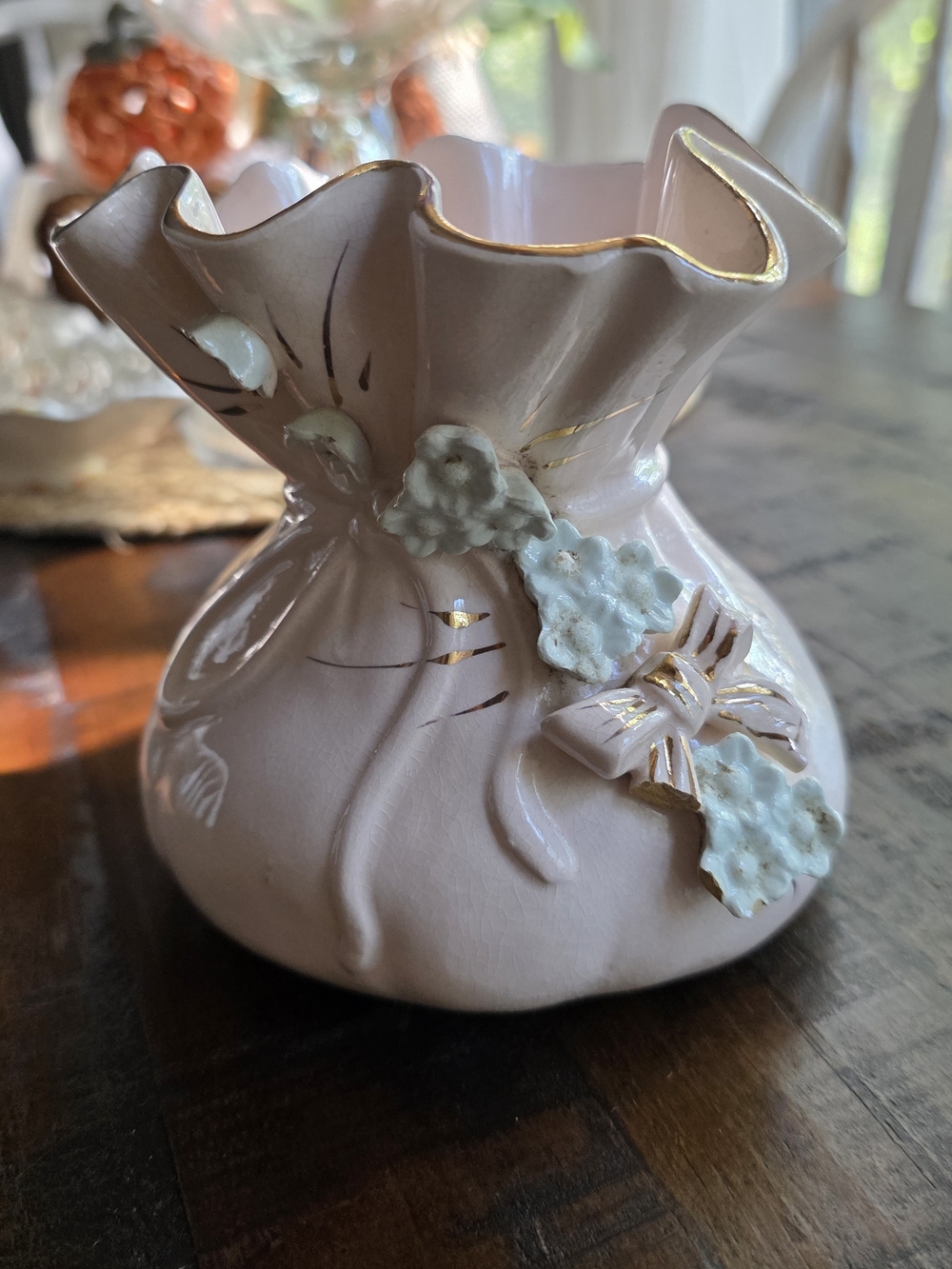 Vintage Pink Porcelain Floral Vase with Gold Trim